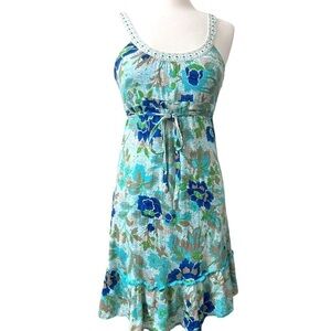 Free People Floral Beaded  Sun Dress Ruffle Hem Fully Lined